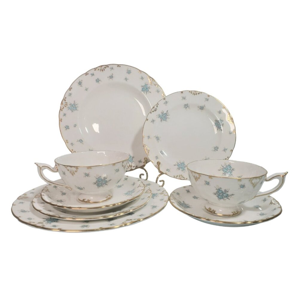 Rare Royal Crown Derby A1216 (Kensington) 8-Piece Tea/Lunch Set for 2 • Turquois